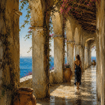 Close-up of Mediterranean loggia wall art with stone columns, sea view, terracotta pots, flowering vines and a lone figure.