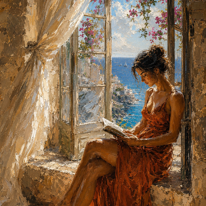 Close-up of Mediterranean window wall art with woman reading, open shutters, sea view, flowers and warm stone interior.