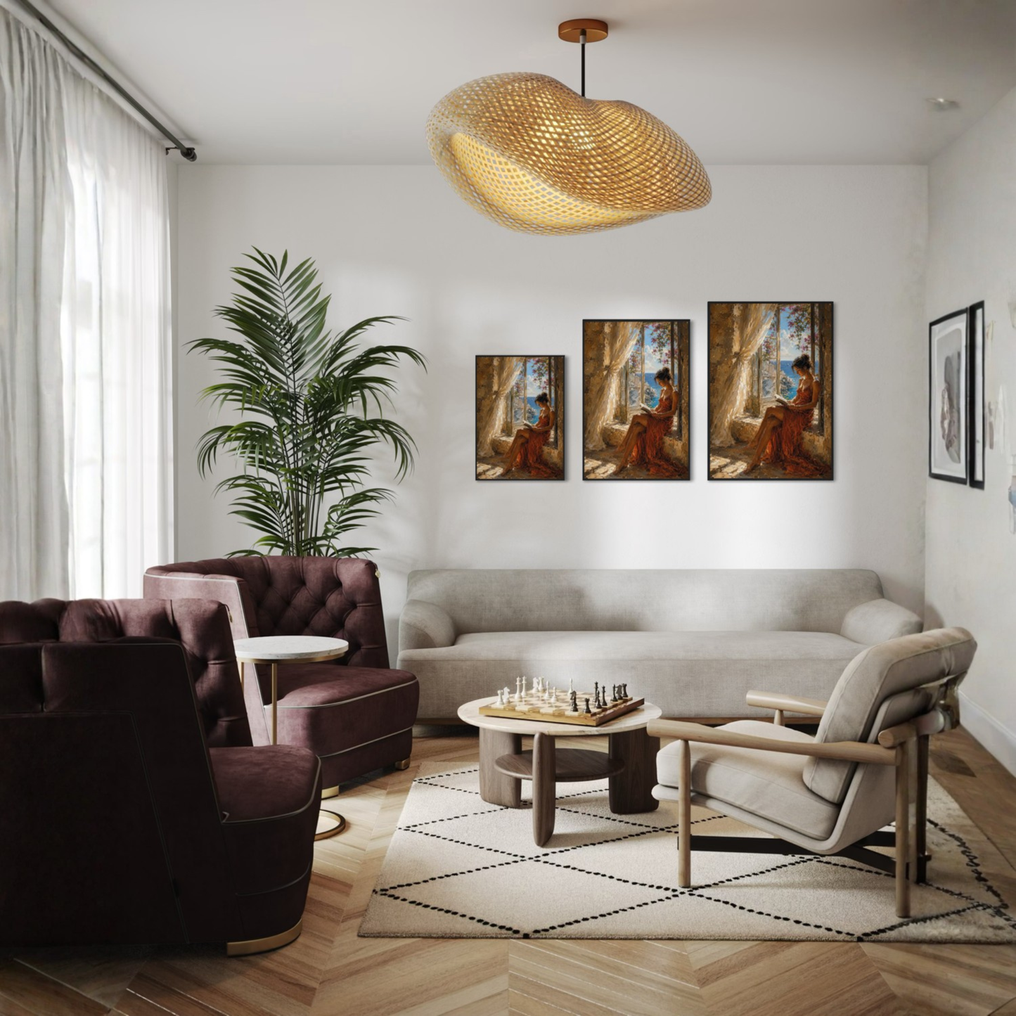 The Open Window Mediterranean framed art print displayed in a calm luxury interior.