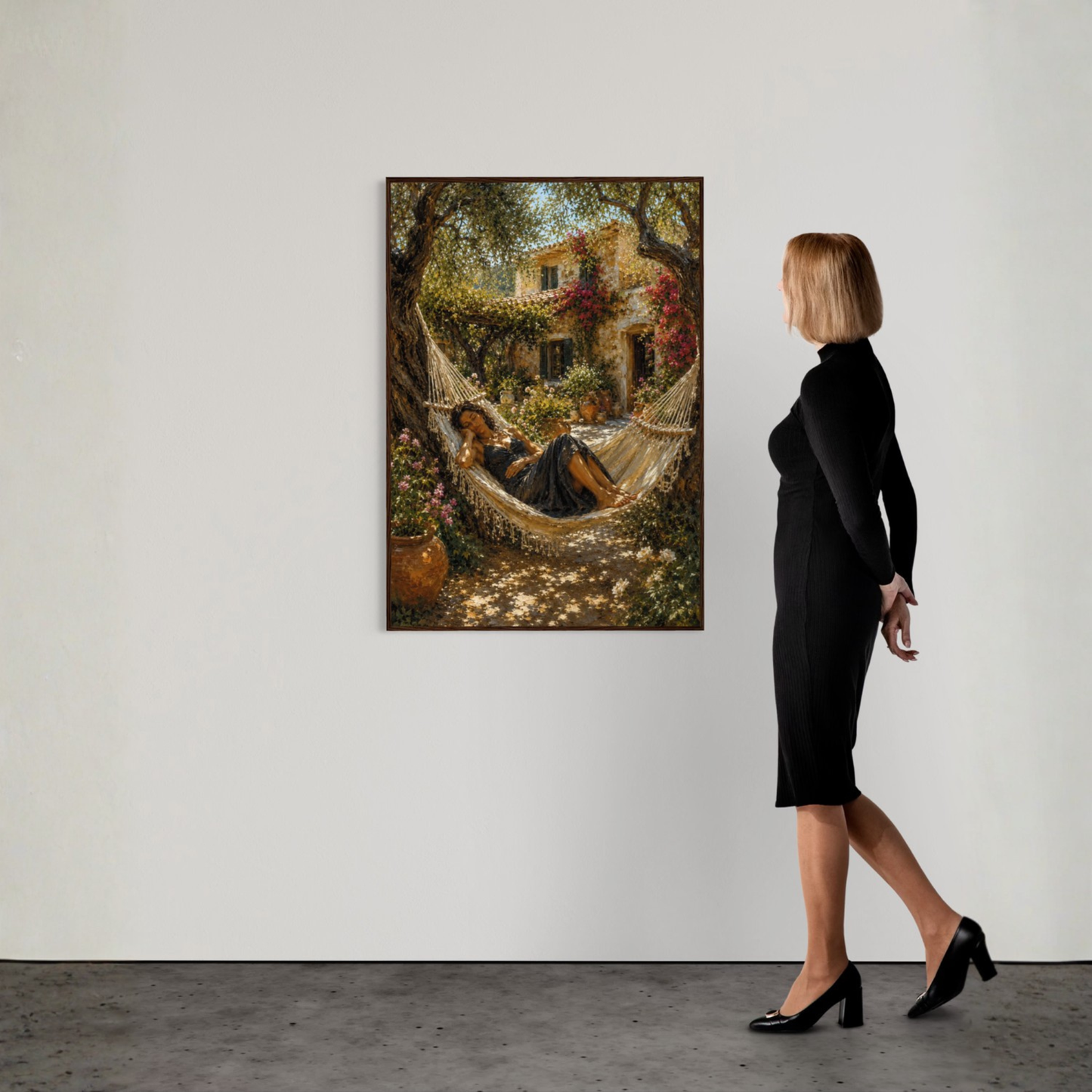 Mediterranean garden wall art showing a woman resting in a hammock beneath old trees outside a sunlit villa.