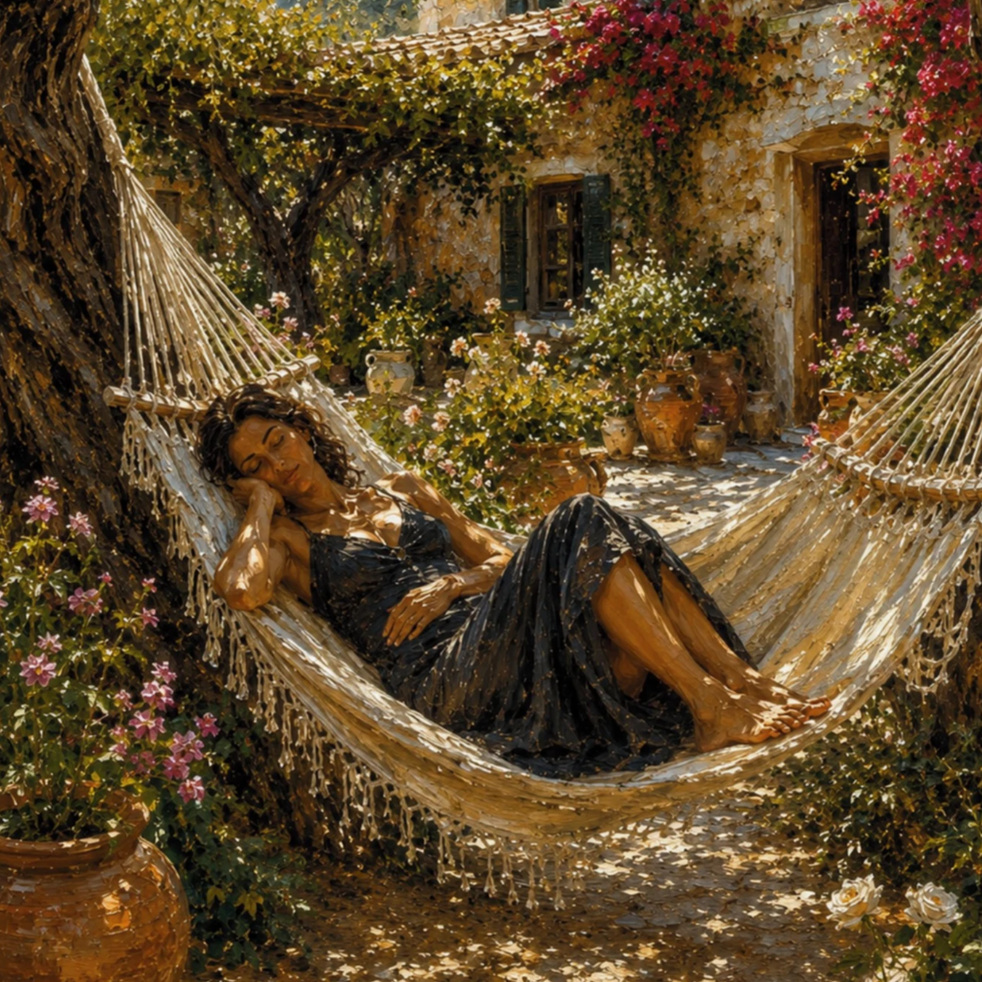 Close-up of Mediterranean garden wall art with hammock, resting woman, flowers, terracotta pots, old trees and warm villa light.