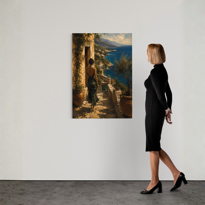 Mediterranean fine art print showing a lone woman walking through ancient stone architecture toward the sea.