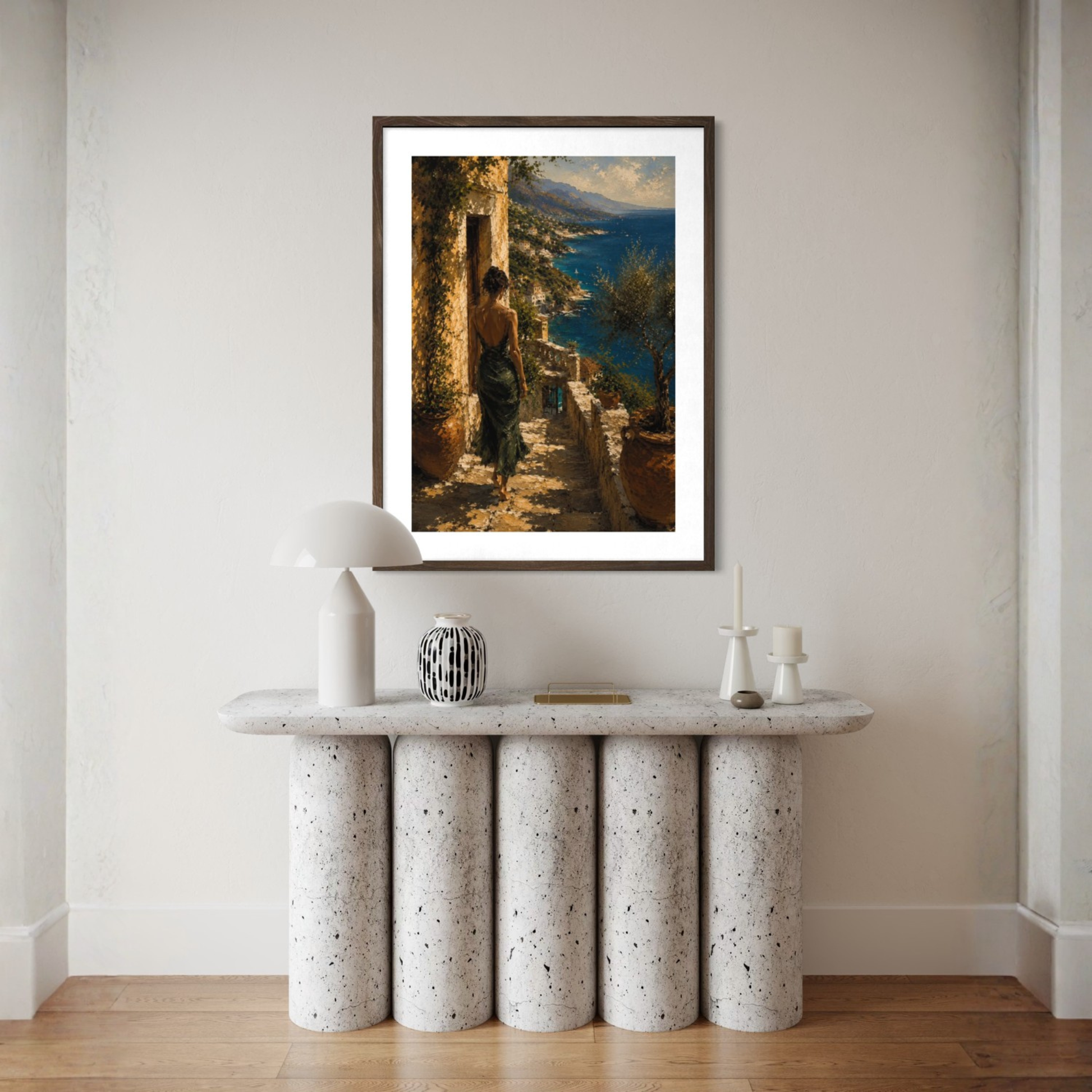 Close-up of Mediterranean fine art print with stone passage, sea view, terracotta pots, olive tree and lone figure.