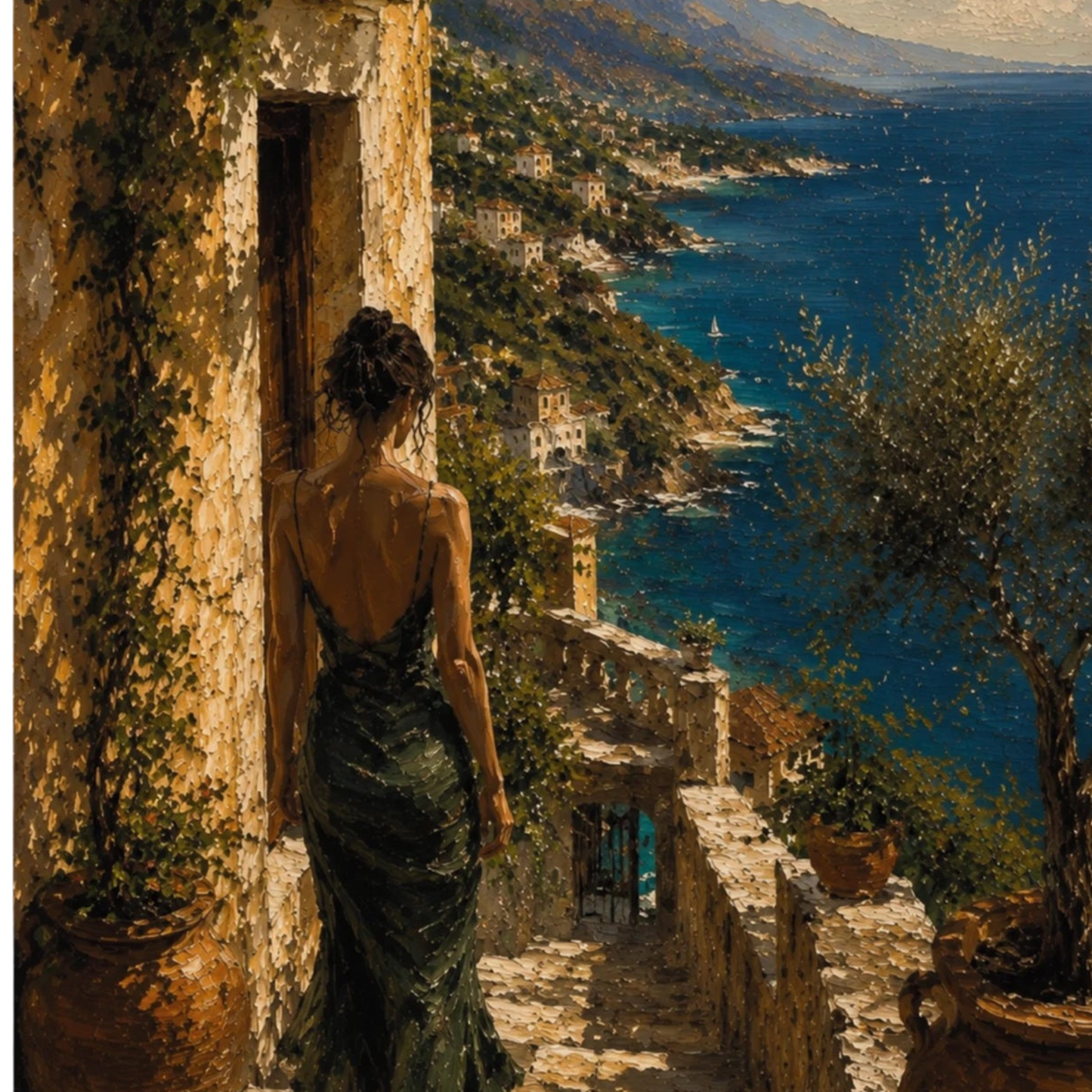 Close-up of Mediterranean fine art print with stone passage, sea view, terracotta pots, olive tree and lone figure.