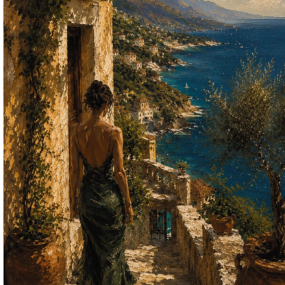 Close-up of Mediterranean fine art print with stone passage, sea view, terracotta pots, olive tree and lone figure.
