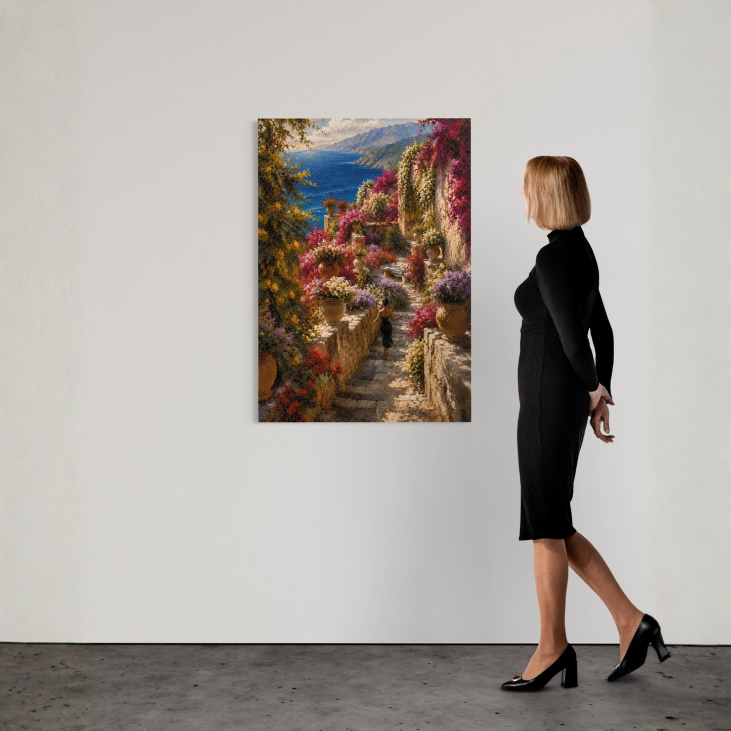 Mediterranean garden fine art print showing flowering terraces, stone pathways, terracotta vessels and sea views.