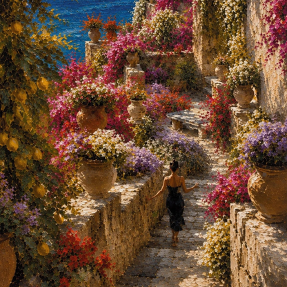 Close-up of Mediterranean garden fine art print with bougainvillea, stone terraces, terracotta pots, coastal light and sea view.
