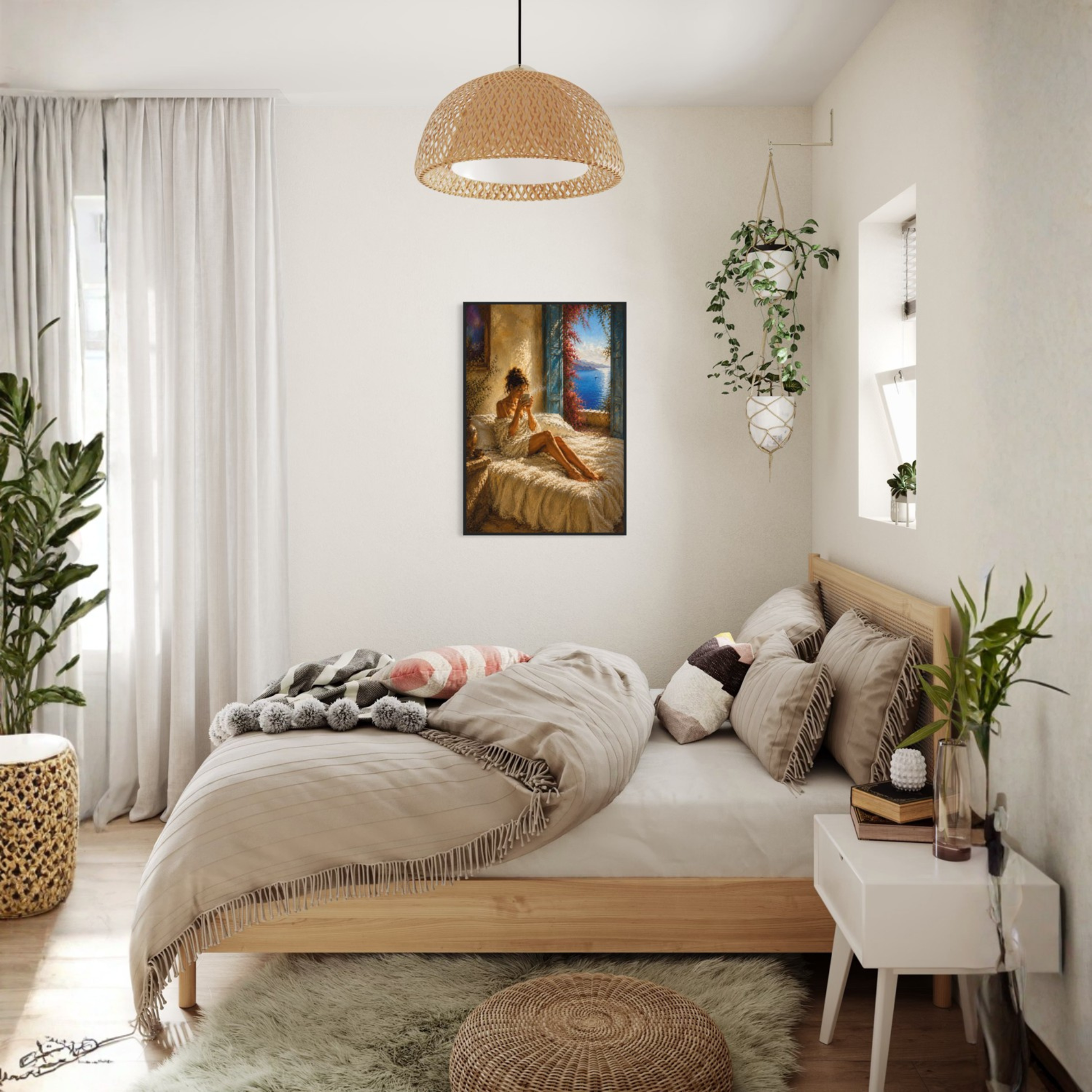 First Light Mediterranean framed wall art displayed in a calm luxury bedroom interior.