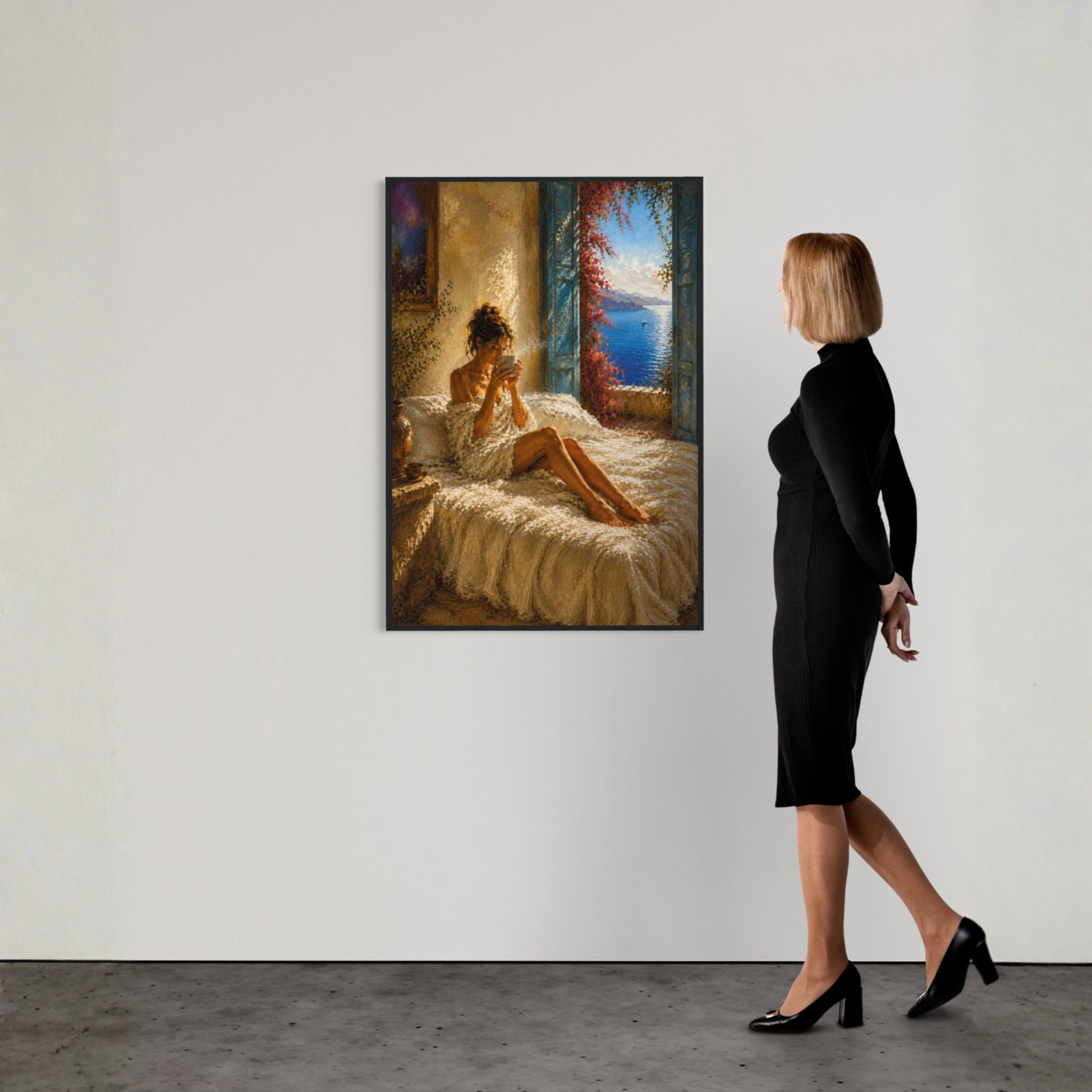 Mediterranean morning wall art showing a woman holding a cup beside open shutters with golden sunlight and a blue sea view.