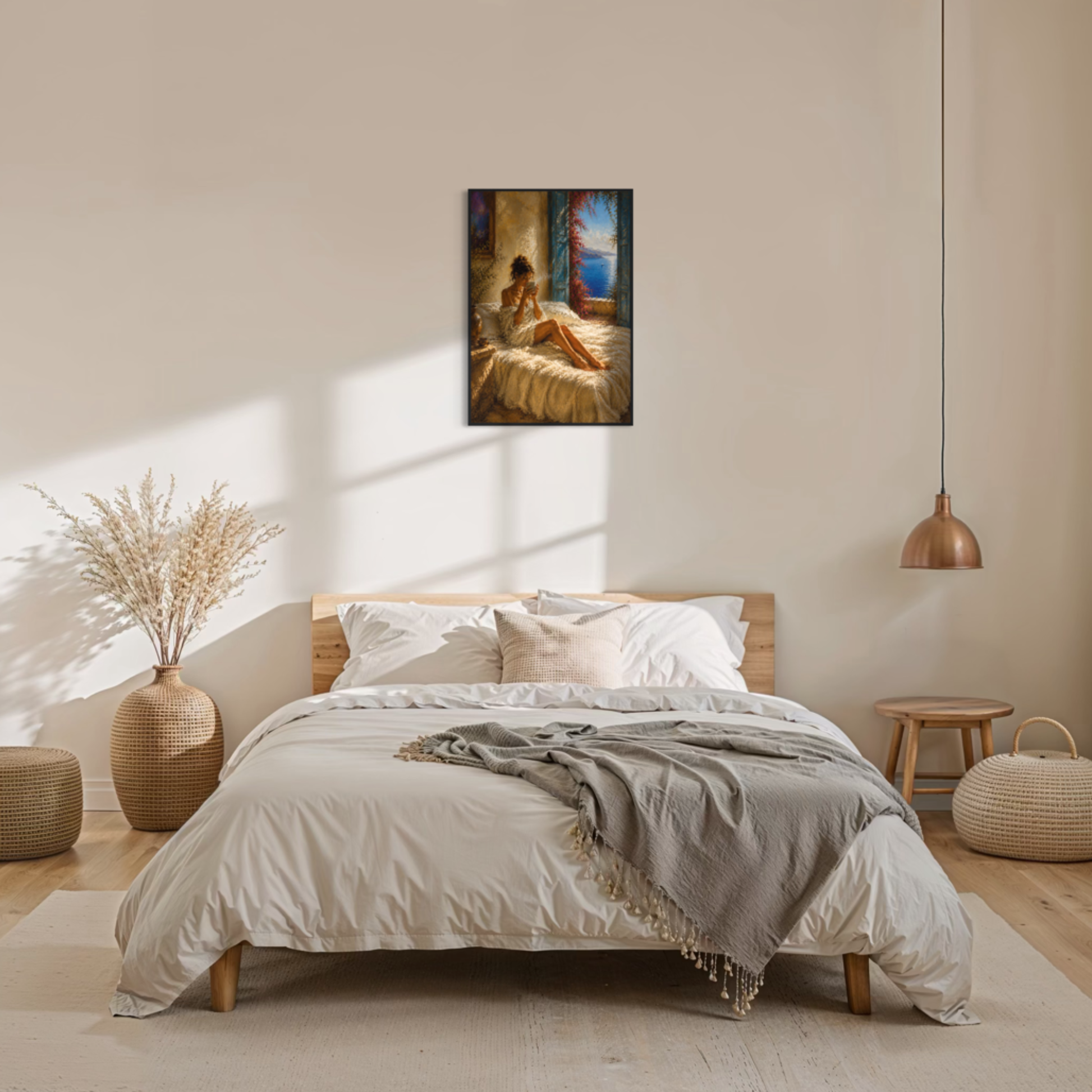First Light Mediterranean framed wall art displayed in a calm luxury bedroom interior.