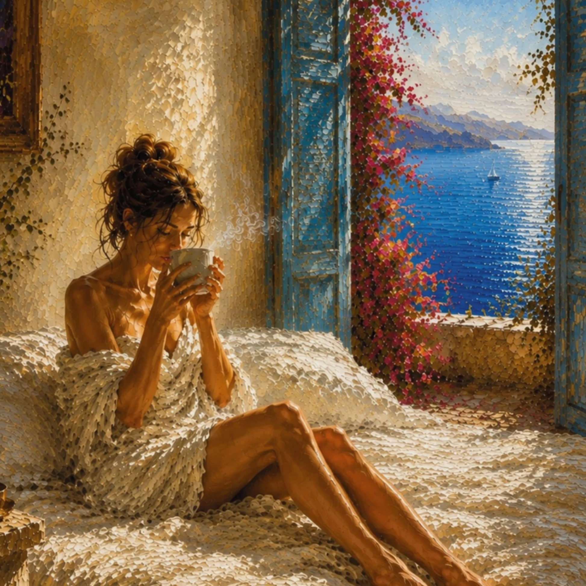 Close-up of painterly Mediterranean wall art with a seated woman, textured linen, open shutters and coastal light.