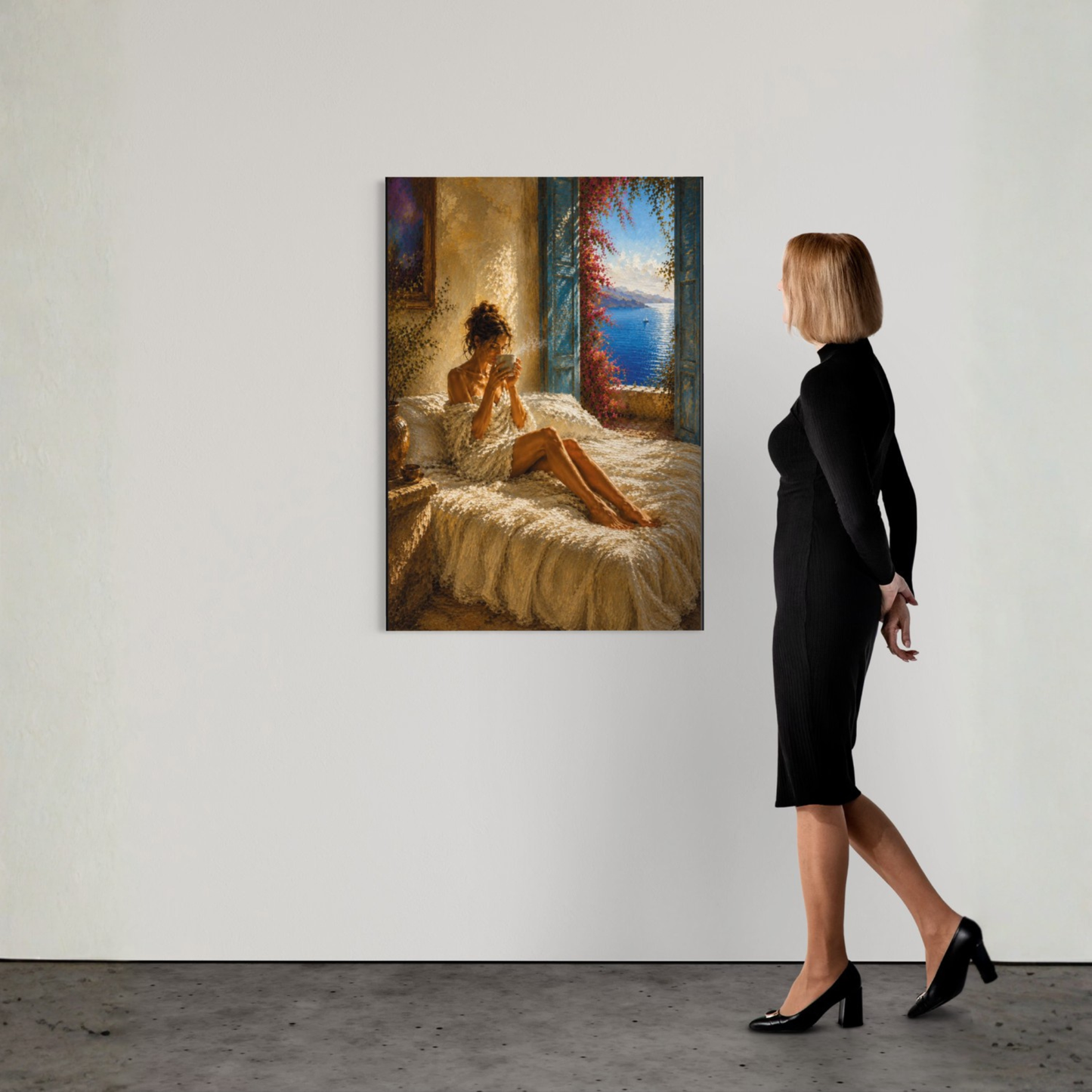 Mediterranean morning fine art print showing a woman holding a cup beside open shutters with golden sunlight and a blue sea view.