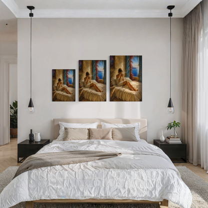 Mediterranean morning fine art print displayed in a refined bedroom interior with warm neutral styling.