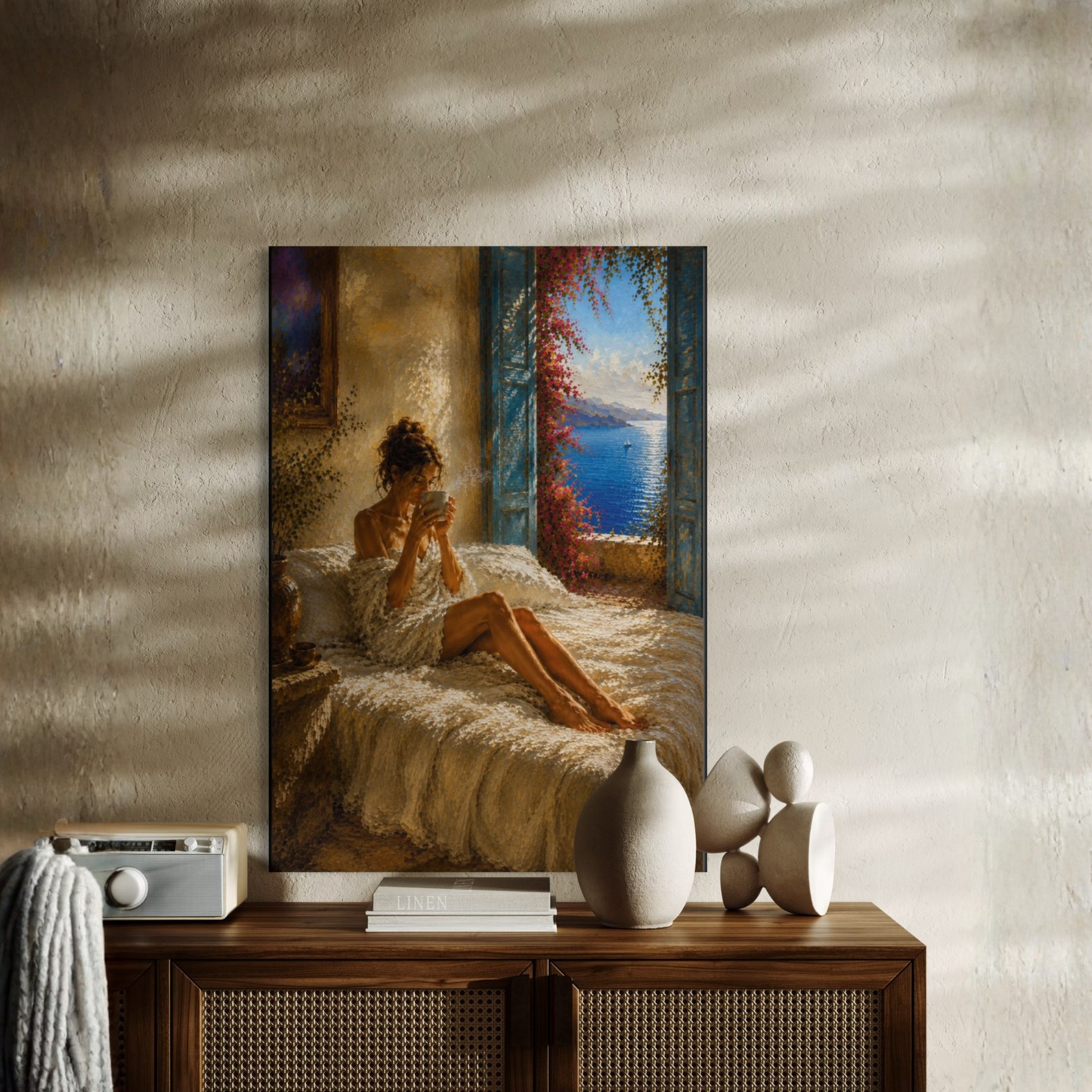 First Light Mediterranean museum-quality fine art print displayed unframed in a calm interior.