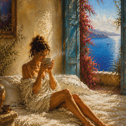 Close-up of painterly Mediterranean art with a seated woman, textured linen, open shutters and coastal morning light.