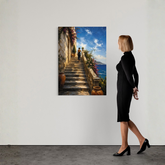 Mediterranean staircase fine art print showing a lone woman ascending sunlit stone steps above the blue sea.