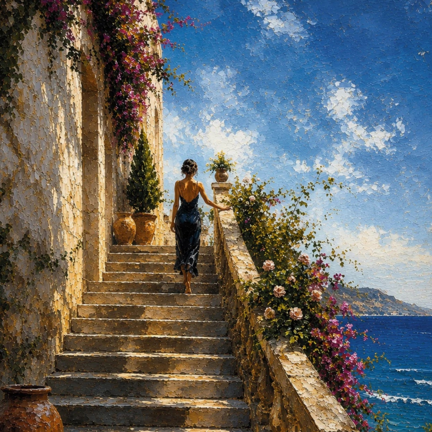Close-up of Mediterranean staircase art with weathered stone steps, bougainvillea, terracotta pots and coastal sea view.