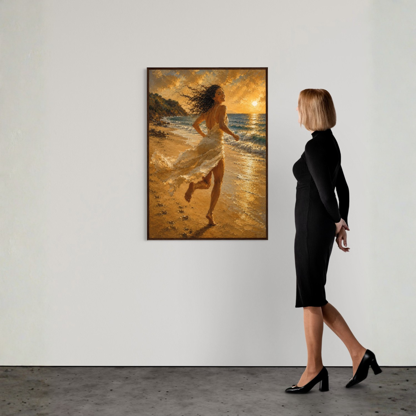 Mediterranean sunset wall art showing a woman running along the shoreline in a flowing white dress beneath golden evening light.