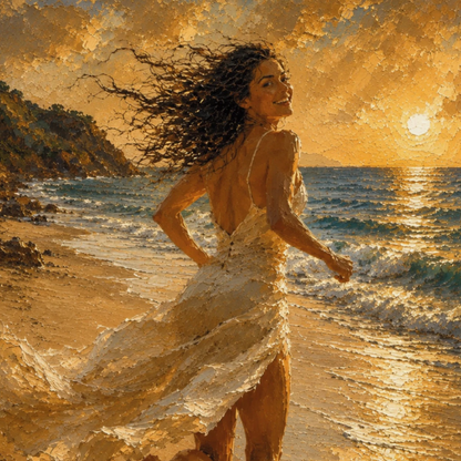 Close-up of painterly Mediterranean wall art with flowing white fabric, windblown hair, sea movement and golden sunset light.