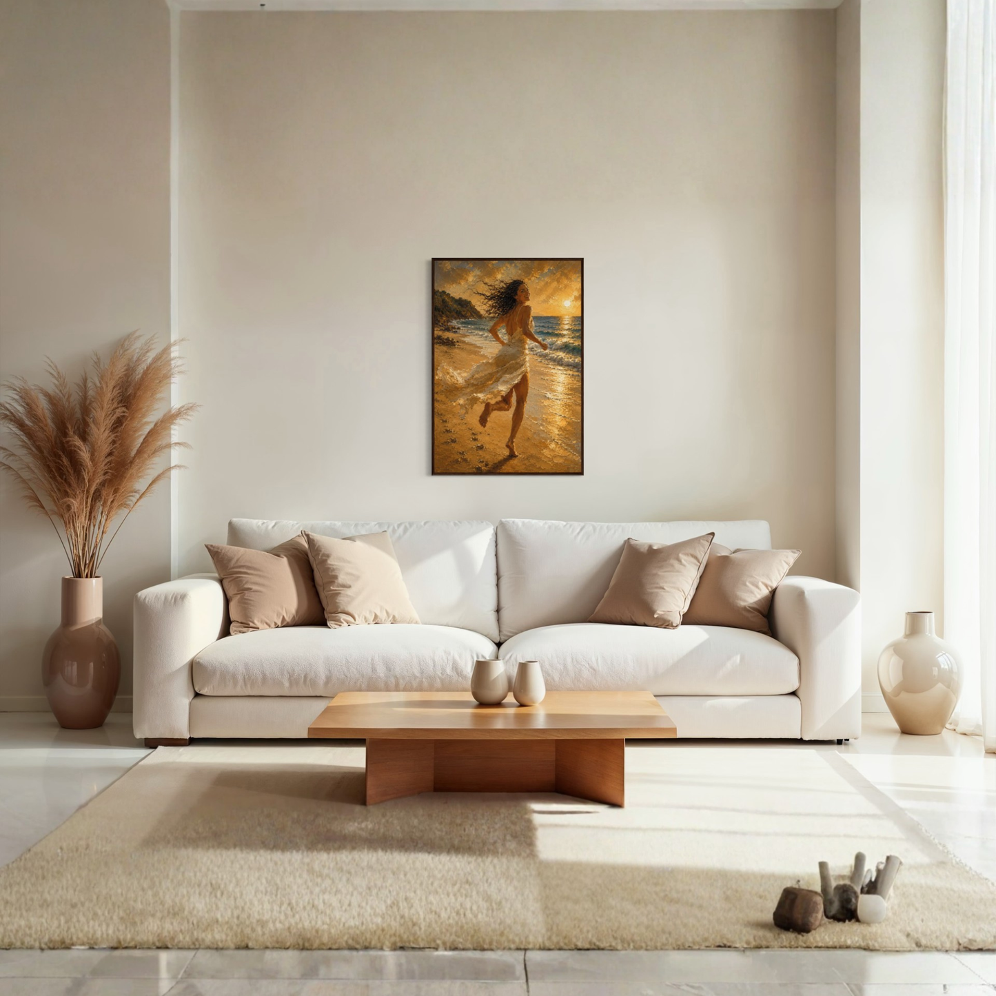 Mediterranean sunset wall art displayed in a dark wood frame in a warm interior.
