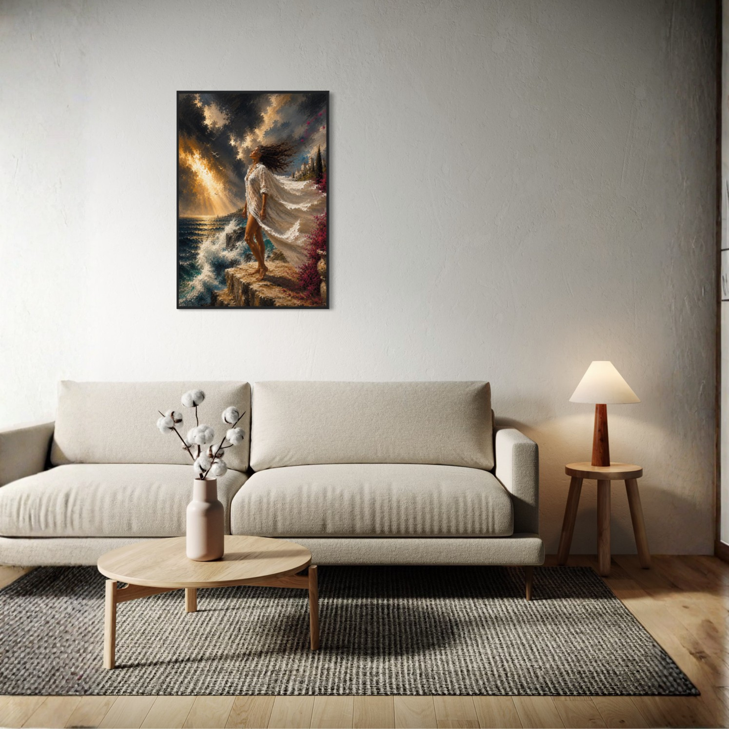 The Clearing Mediterranean storm art displayed in a black wood frame  styled in a modern living room above a light beige sofa.