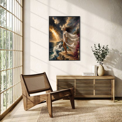 The Clearing Mediterranean storm art displayed in a black wood frame displayed on a textured white wall in a modern, sunlit room with a wooden chair and console table.