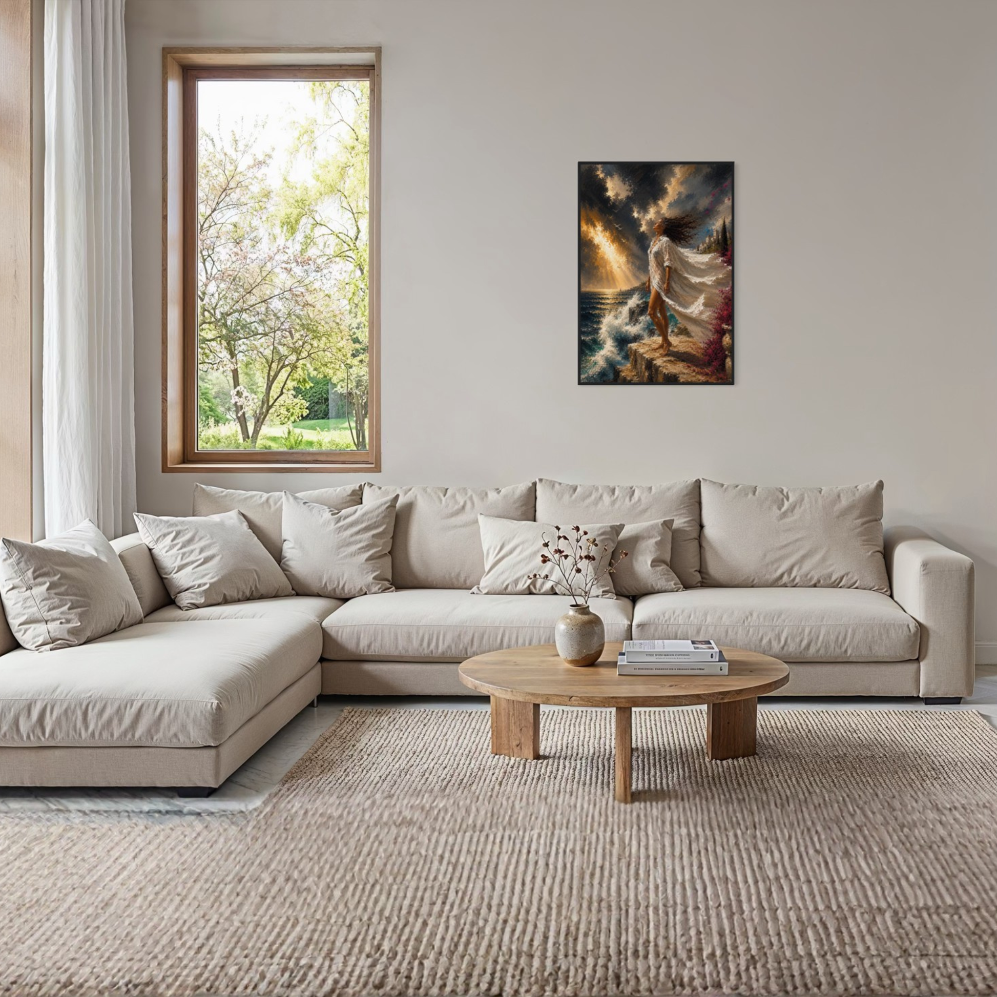 The Clearing Mediterranean storm art displayed in a black wood frame displayed on a light beige wall above a modern beige sectional sofa in a styled living room.