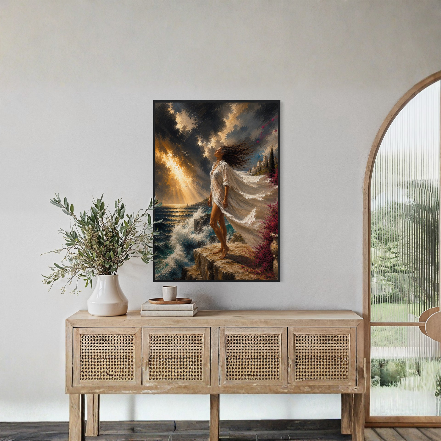 The Clearing Mediterranean storm art displayed in a black wood frame displayed on a light wall above a wooden console table in a styled interior.