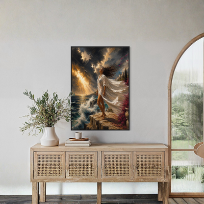 The Clearing Mediterranean storm art displayed in a black wood frame displayed on a light wall above a wooden console table in a styled interior.