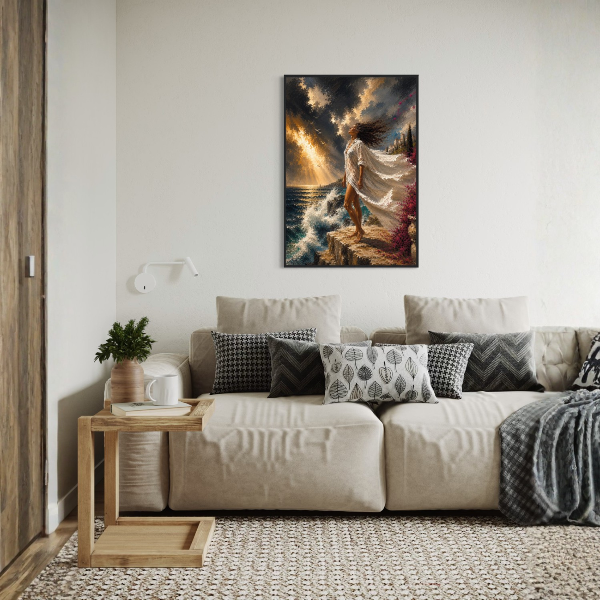 The Clearing large framed Mediterranean wall art displayed on a white wall above a beige sofa in a modern living room setting.