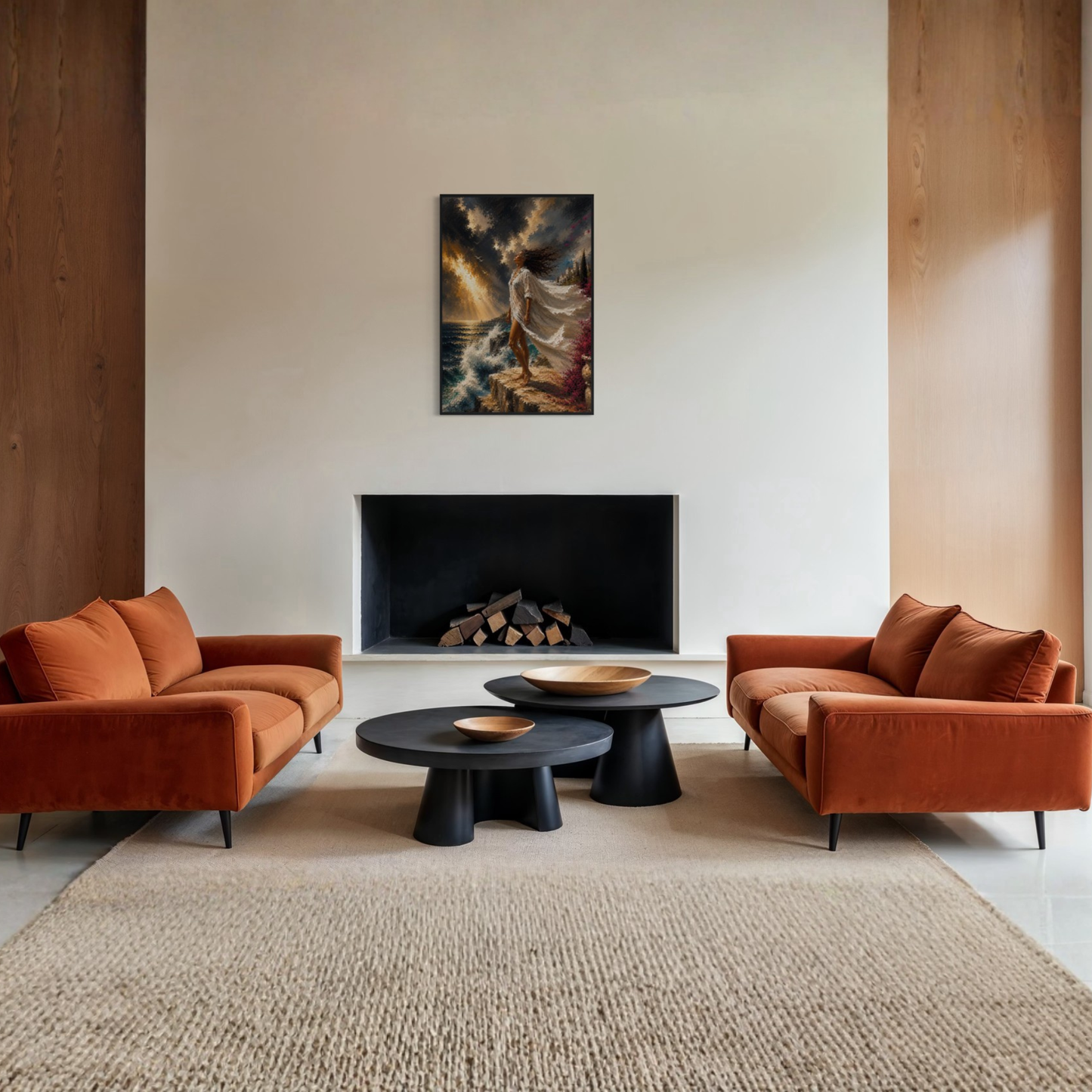 A modern living room setup featuring two rust-orange velvet sofas facing each other, two black round coffee tables, a large beige textured area rug, and a black fireplace with The Clearing Mediterranean storm art displayed in a black wood frame.