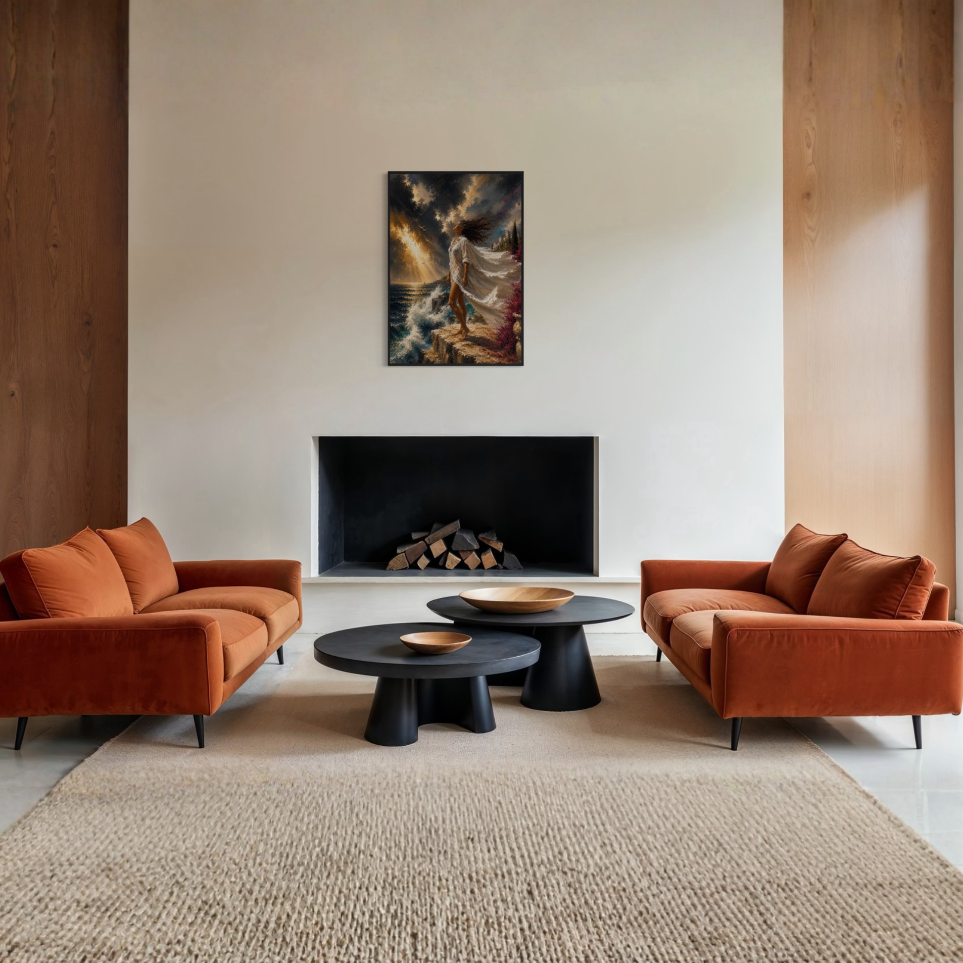 A modern living room setup featuring two rust-orange velvet sofas facing each other, two black round coffee tables, a large beige textured area rug, and a black fireplace with The Clearing Mediterranean storm art displayed in a black wood frame.
