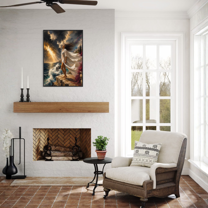 The Clearing Mediterranean storm art displayed on a white wall above a fireplace in a styled living room with a wooden mantel, chair, and windows.