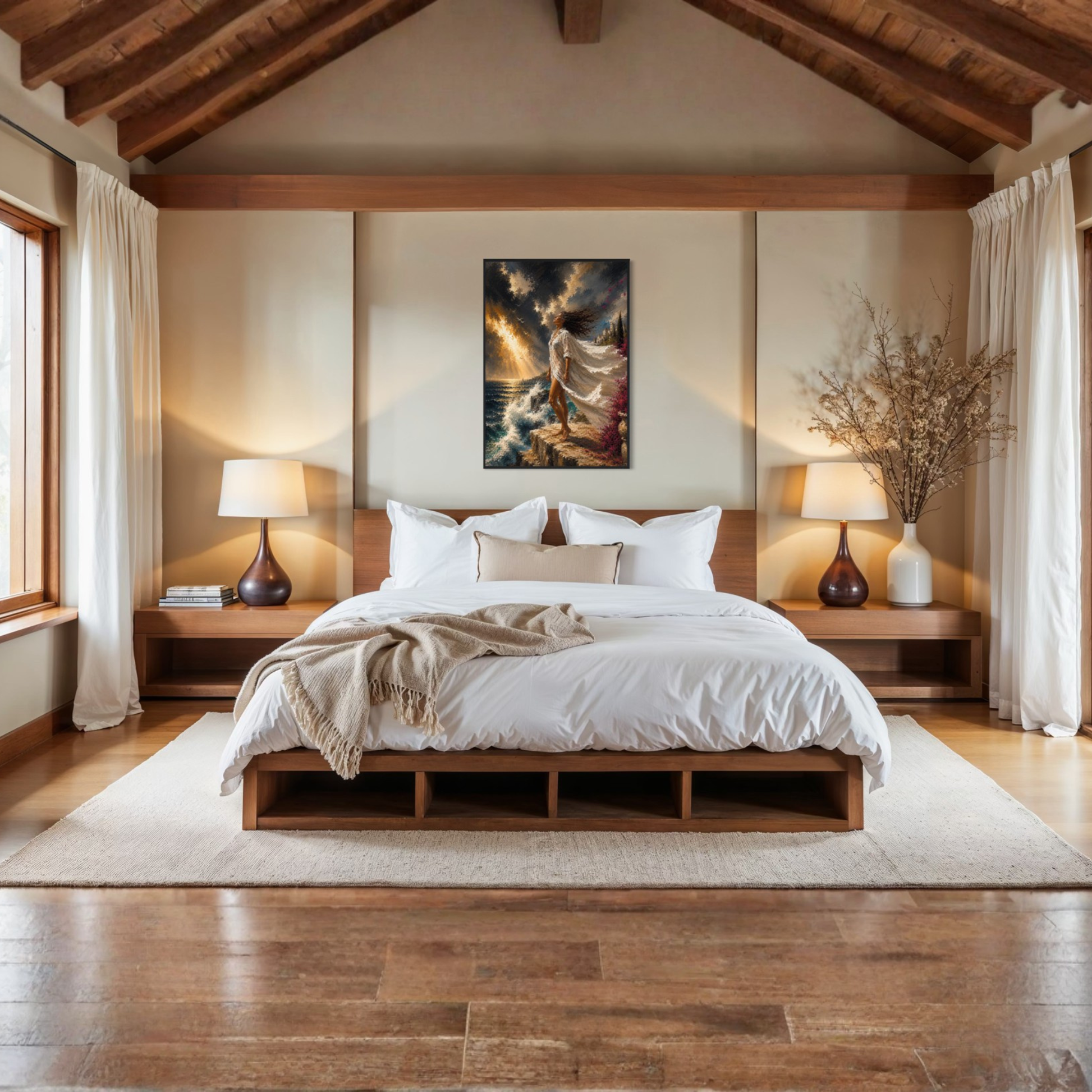 A beautifully styled bedroom featuring a low wooden platform bed with white bedding, flanked by matching wooden nightstands with lit table lamps. The room has a warm neutral color palette with beige walls, a light rug, exposed wood ceiling beams, and the Clearing Mediterranean storm art  hanging above the bed.