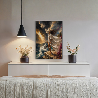 The Clearing Mediterranean storm art displayed in a black wood frame displayed on a white console above a bed in a styled bedroom setting.
