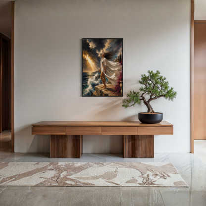 The Clearing Mediterranean storm art in a black wood frame displayed on a beige wall above a wooden console table in a modern interior setting.