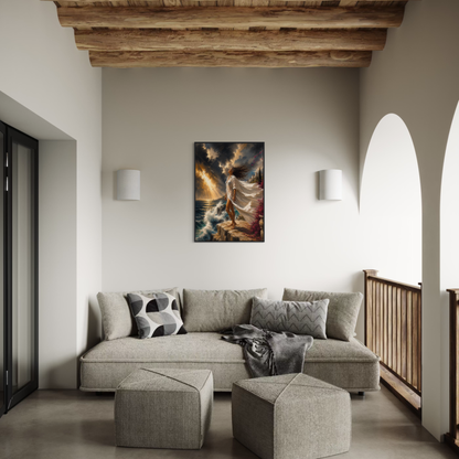 The Clearing Mediterranean storm art displayed in a black wood frame displayed on a light gray wall above a modern gray sectional sofa in a minimalist living room.