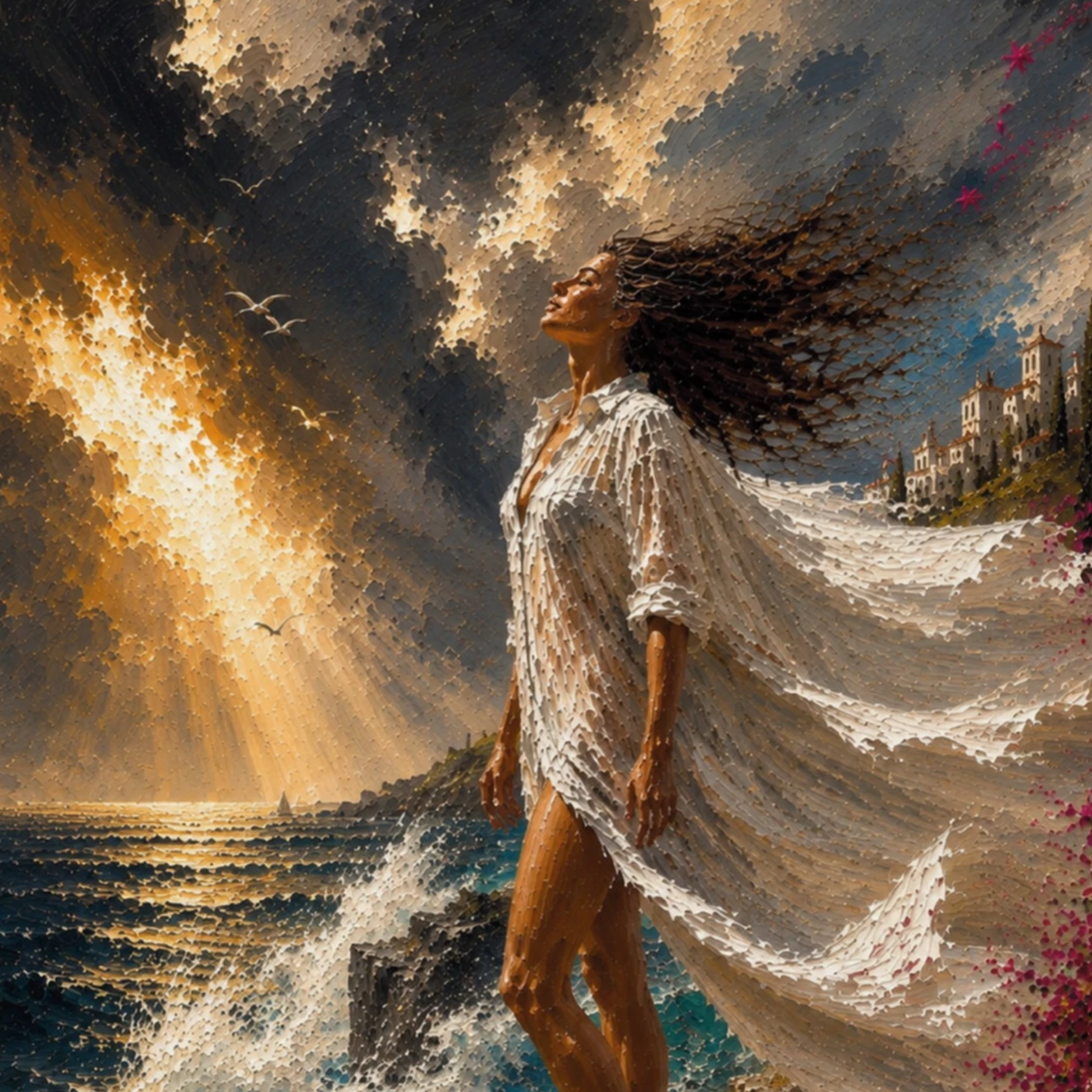 Close-up of painterly storm wall art with white fabric, sea spray, dark clouds and directional golden sunlight.