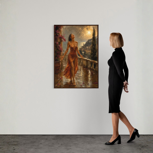 Mediterranean rain wall art showing a woman in a terracotta dress standing beneath warm rain and golden coastal light.