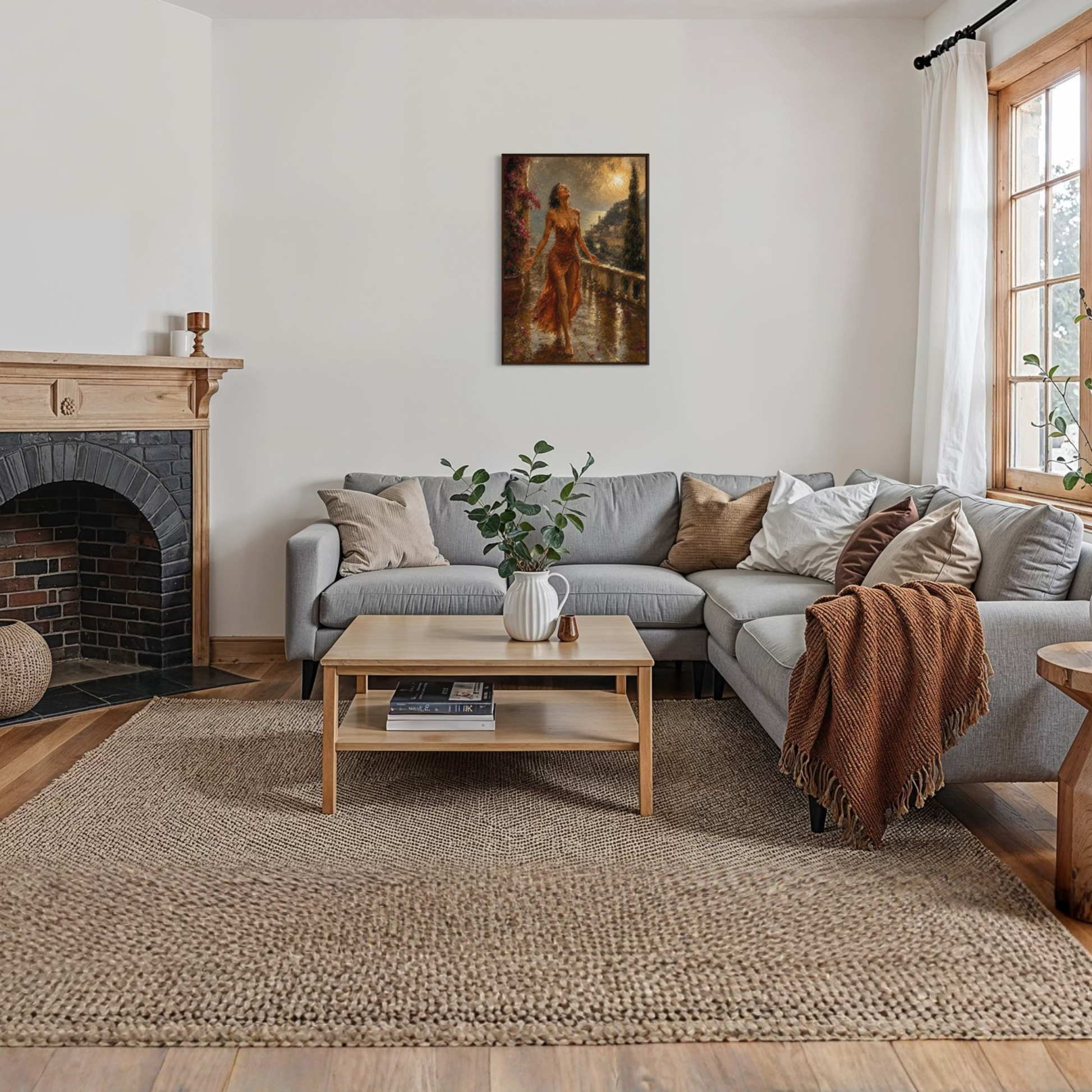 A styled living room featuring The Sunshower Mediterranean framed art print displayed in a dark wood frame  hanging on a white wall above a light gray sectional sofa. 
