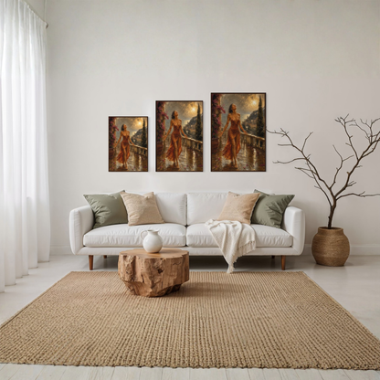 A staged living room with a white sofa, beige rug, and The Sunshower Mediterranean framed art print displayed in a dark wood frame hanging above the couch. 
