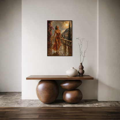 The Sunshower Mediterranean framed art print in a dark wood frame displayed on a wall above a wooden console table with decorative vases in a modern minimalist interior.