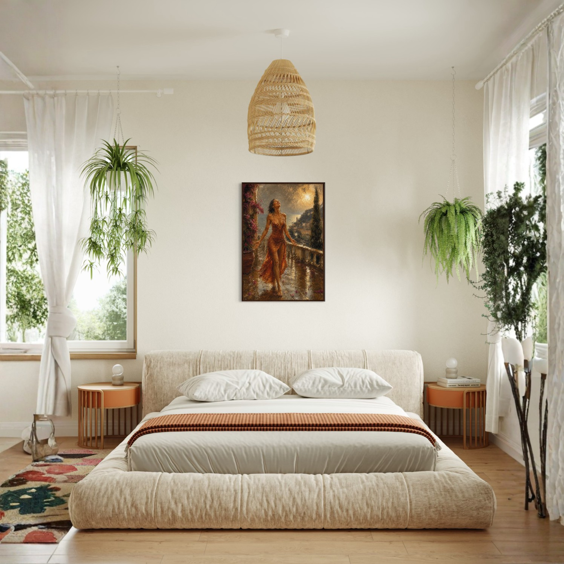 A styled bedroom interior featuring a low platform bed with textured cream bedding and a striped orange throw, centered beneath a woven pendant light. The Sunshower Mediterranean framed art print displayed in a dark wood frame  hangs on the wall above the bed.