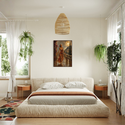 A styled bedroom interior featuring a low platform bed with textured cream bedding and a striped orange throw, centered beneath a woven pendant light. The Sunshower Mediterranean framed art print displayed in a dark wood frame  hangs on the wall above the bed.
