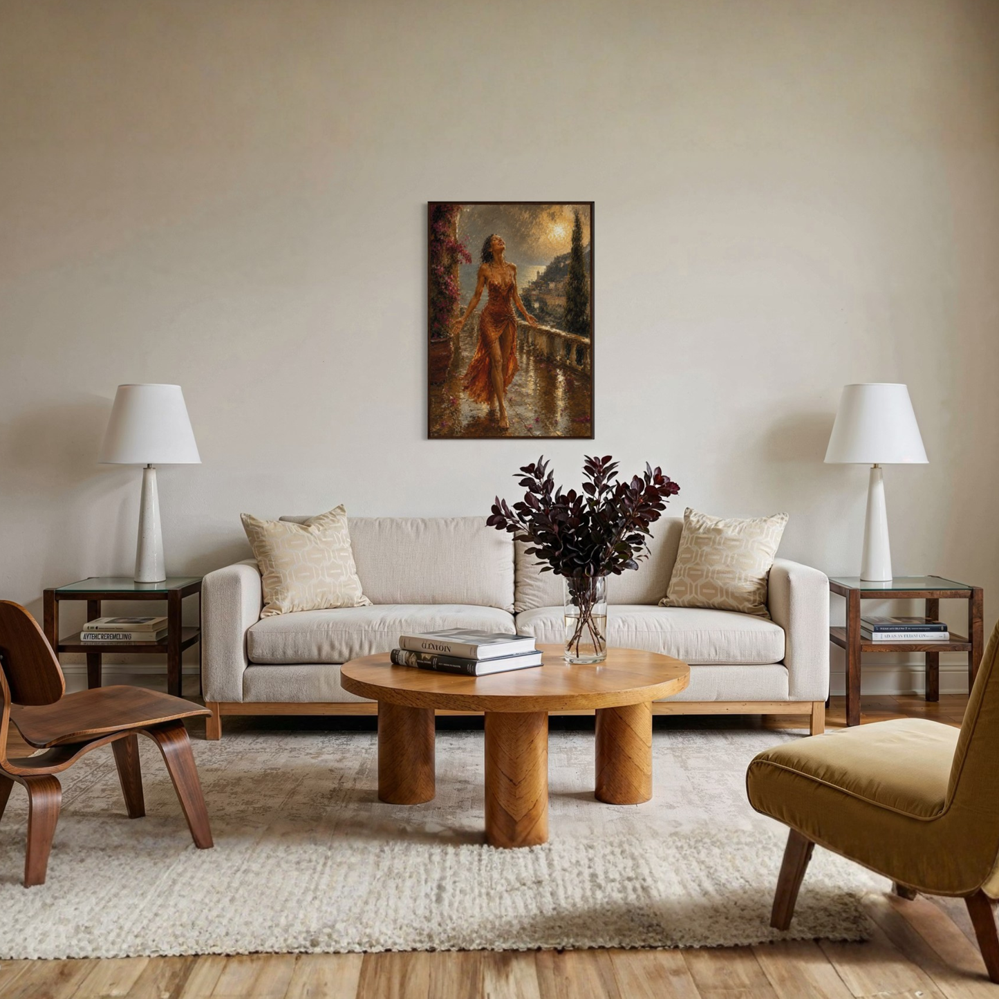 The Sunshower large framed Mediterranean wall art displayed in a calm luxury living room.