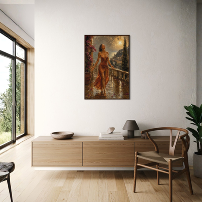 The Sunshower Mediterranean framed art print in a dark wood frame displayed on a white wall above a light wood console table in a modern, sunlit room.