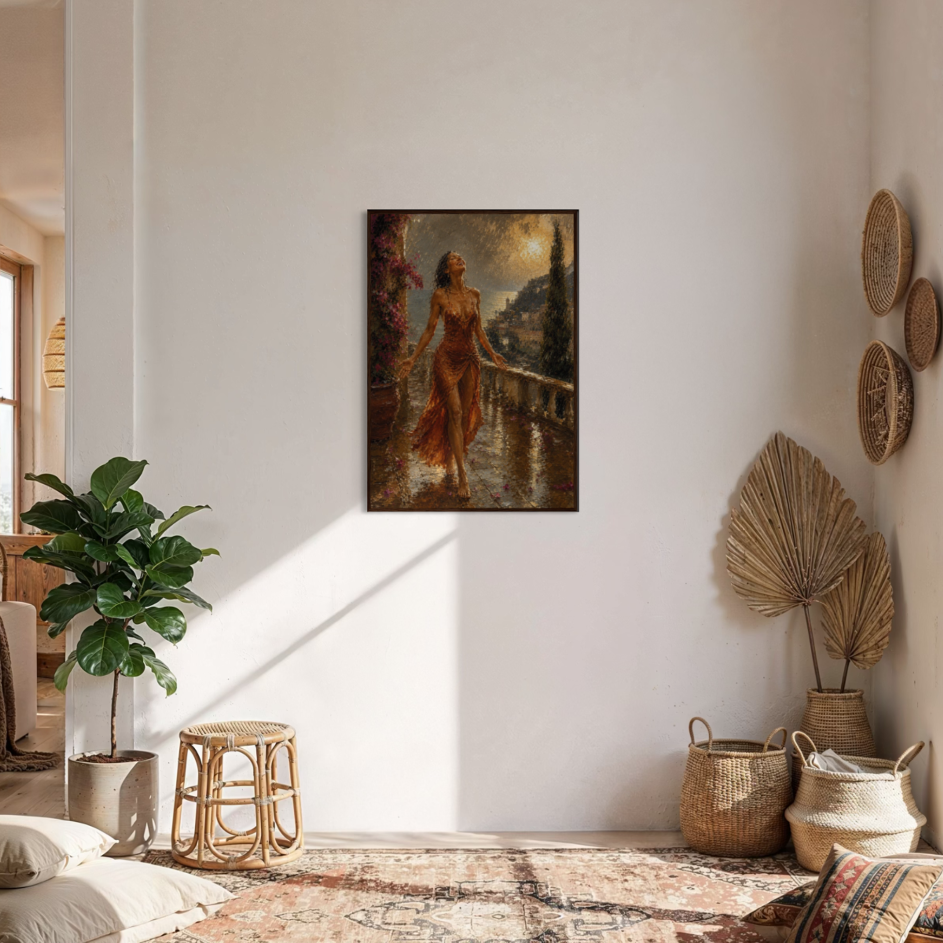 The Sunshower Mediterranean framed art print displayed in a dark wood frame displayed on a white wall in a styled bohemian living room with a potted plant, woven decor, and a patterned rug.
