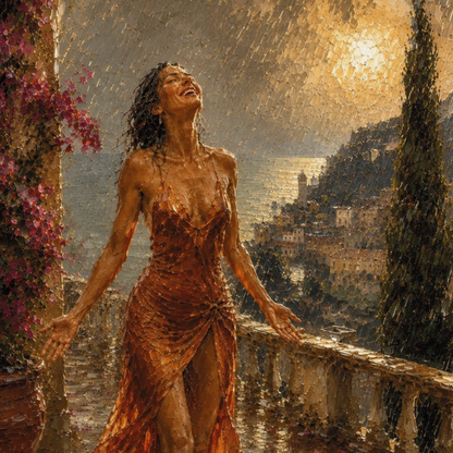 Close-up of painterly Mediterranean wall art with falling rain, wet stone, terracotta fabric and golden sunlight.