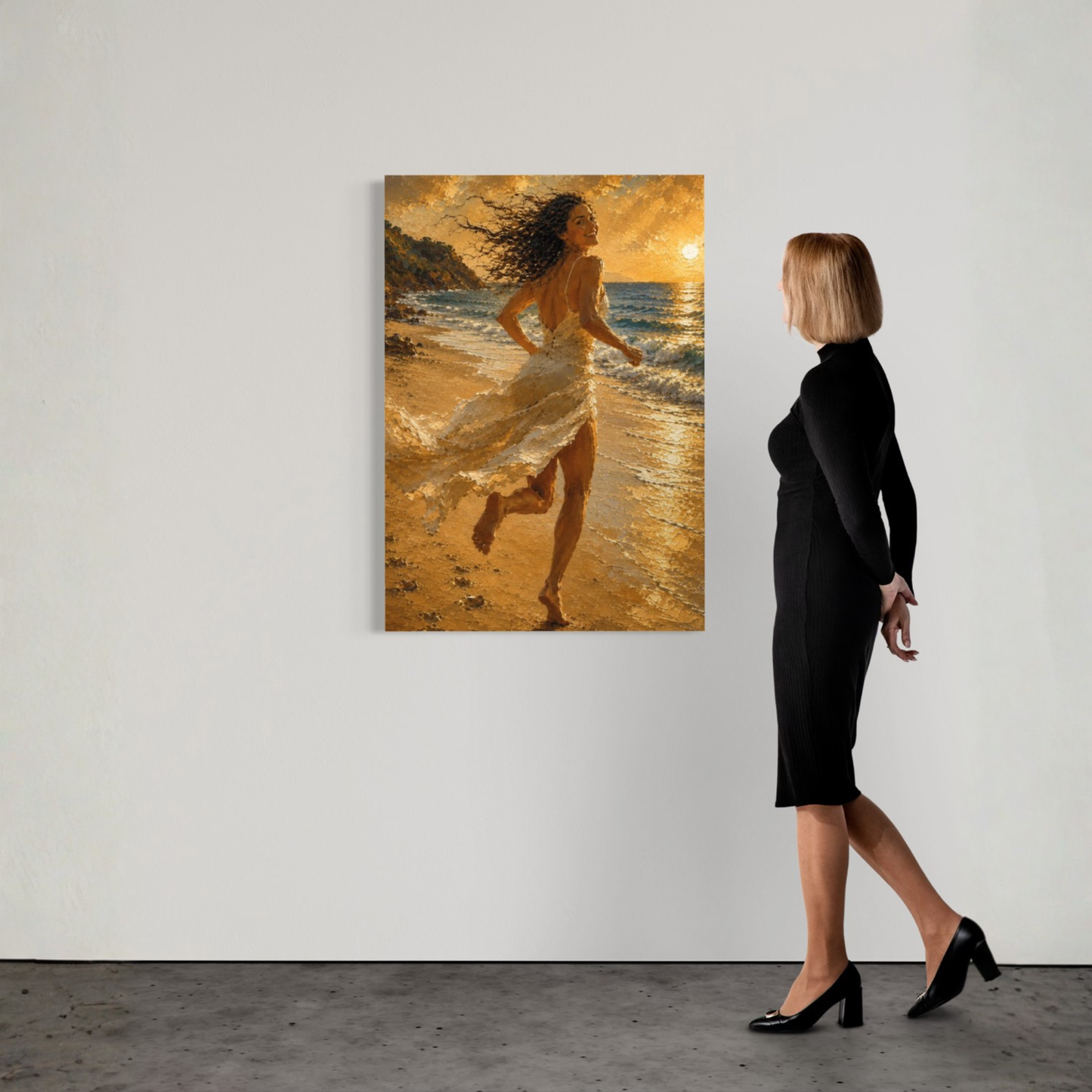 Mediterranean sunset canvas art showing a woman running along the shoreline in flowing white fabric and golden evening light.
