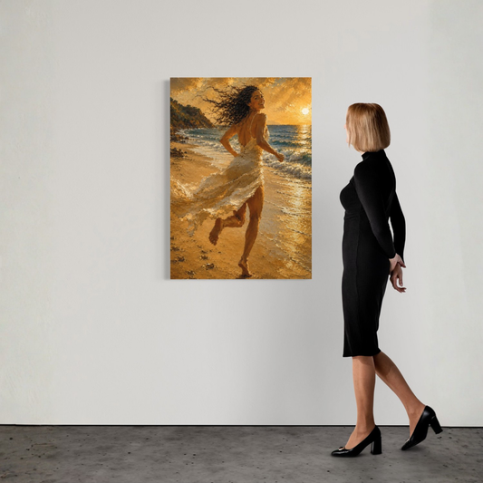 Mediterranean sunset canvas art showing a woman running along the shoreline in flowing white fabric and golden evening light.
